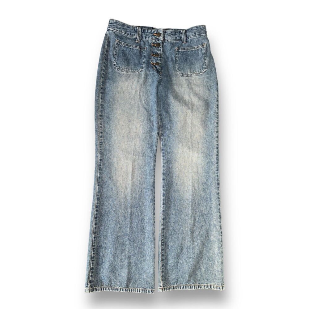 Wide Flair Blue Jeans Pants Size 10 High Waisted Button Fly Stonewashed Denim